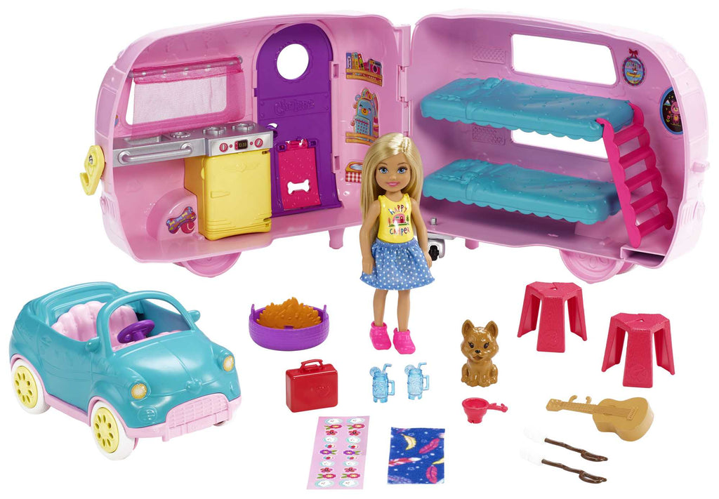 Barbie Chelsea Muñeca Y Su Caravana, Con Perrito Y Accesorios (Mattel Fxg90)