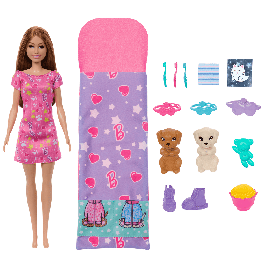 Κούκλα & Σετ Παιχνιδιού Barbie Sleepover Με Κουταβάκια, Με 2 Σκυλάκια & 10+ Αξεσουάρ, Λειτουργία Αλλαγής Χρώματος