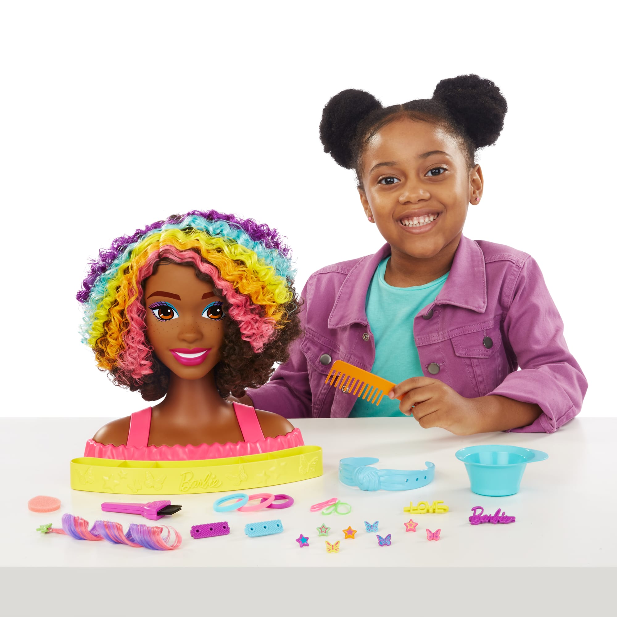 Barbie-Ultra Chevelure-Tête À Coiffer Brune Frisée Mèches Arc-En-Ciel