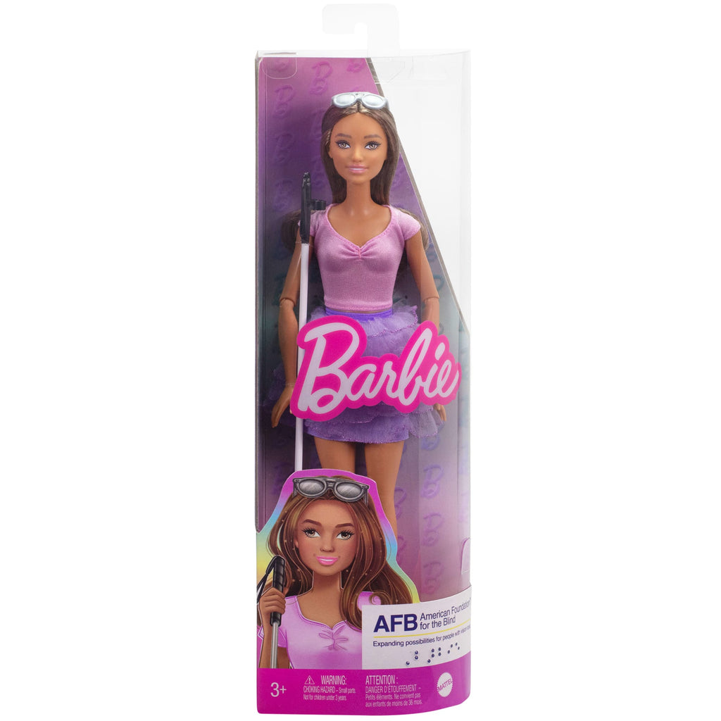 Barbie Fashionistas #228 Lalka modowa Niewidoma Barbie z laską, w fioletowej spódniczce i z okularami przeciwsłonecznymi