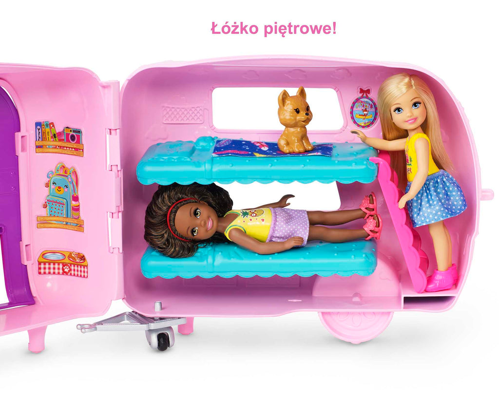 Barbie Przyczepa kempingowa Chelsea + lalka, szczeniaczek, samochód i akcesoria
