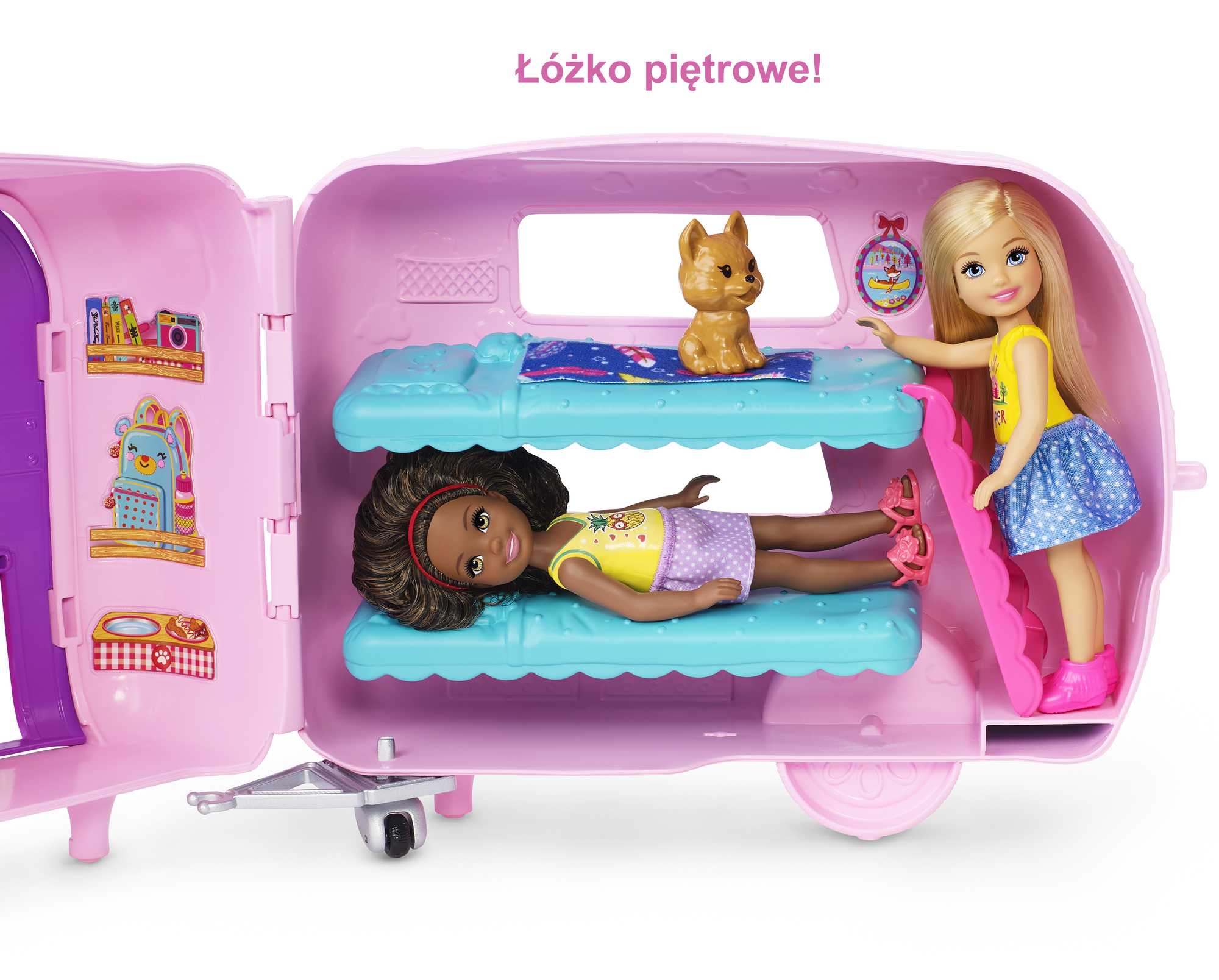 Barbie Przyczepa kempingowa Chelsea + lalka, szczeniaczek, samochód i akcesoria