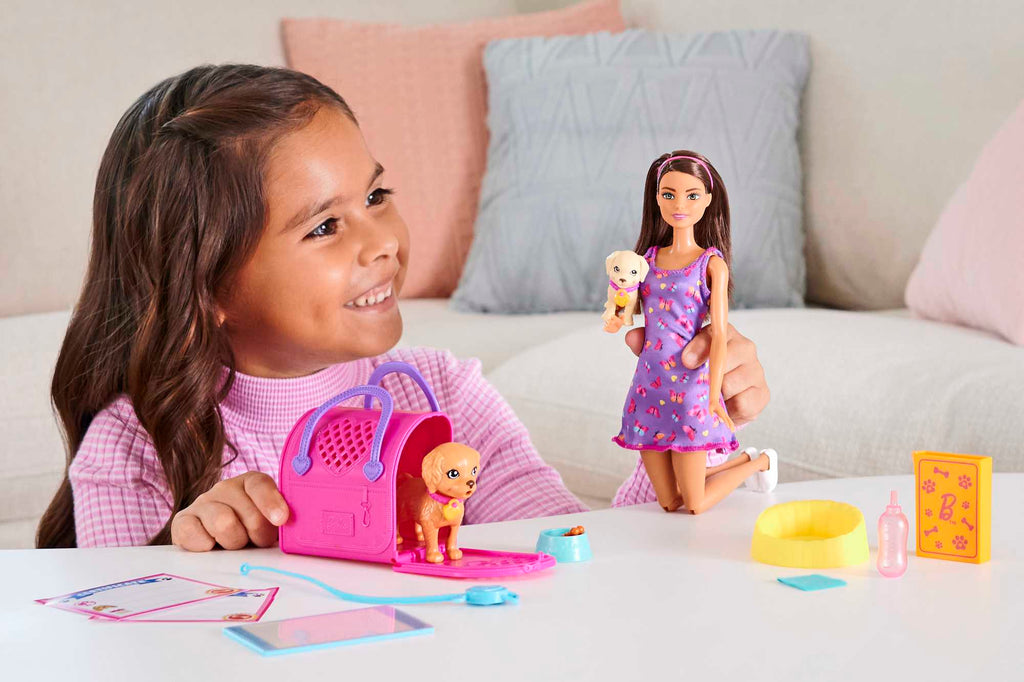 Barbie Κούκλα Και Αξεσουάρ Σετ Παιχνιδιού Με Κούκλα, 2 Σκυλάκια Και Αλλαγή Χρώματος