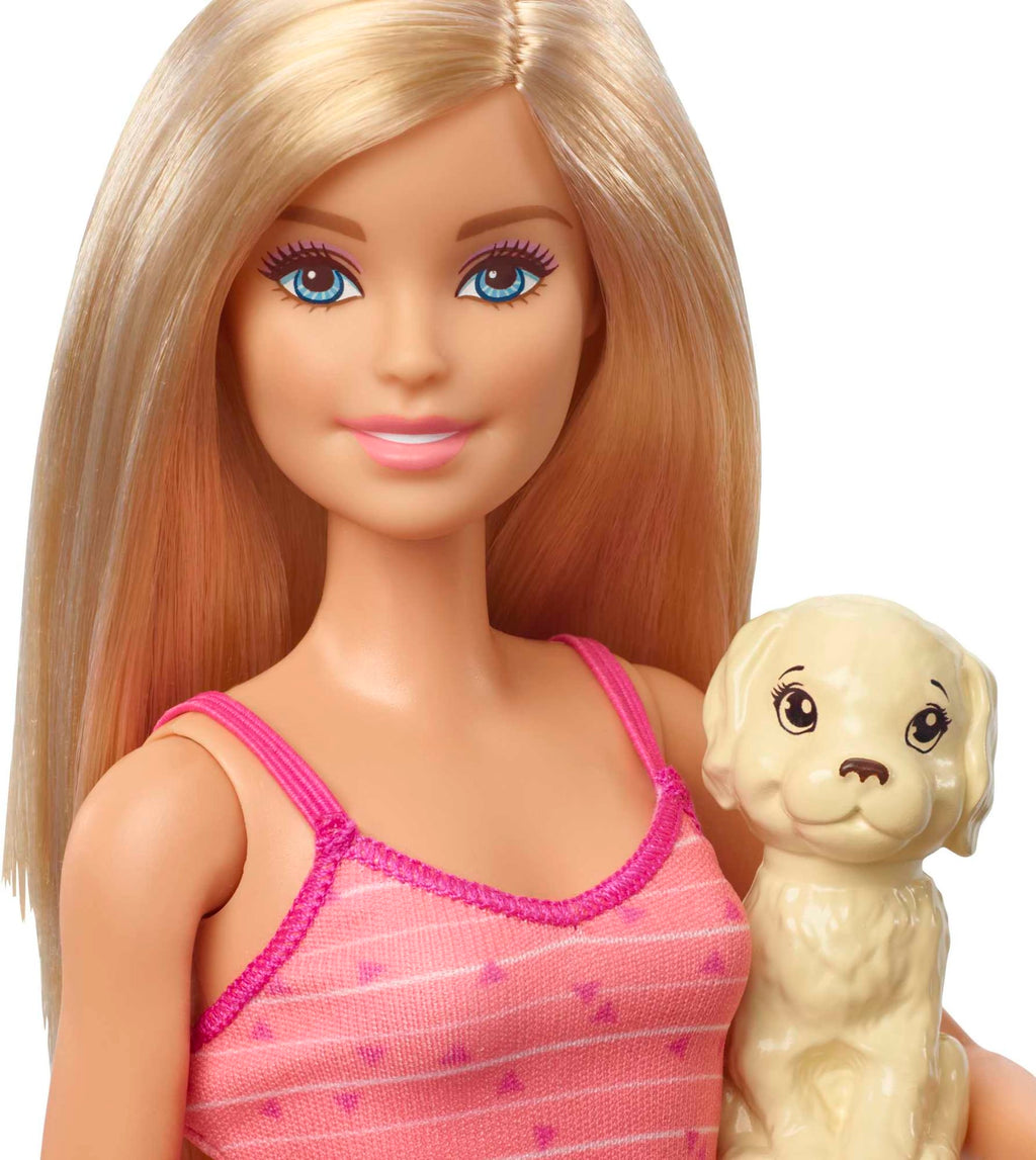Barbie Doll, Blonde, And Playset With 3 Puppies, Bathtub And Accessories