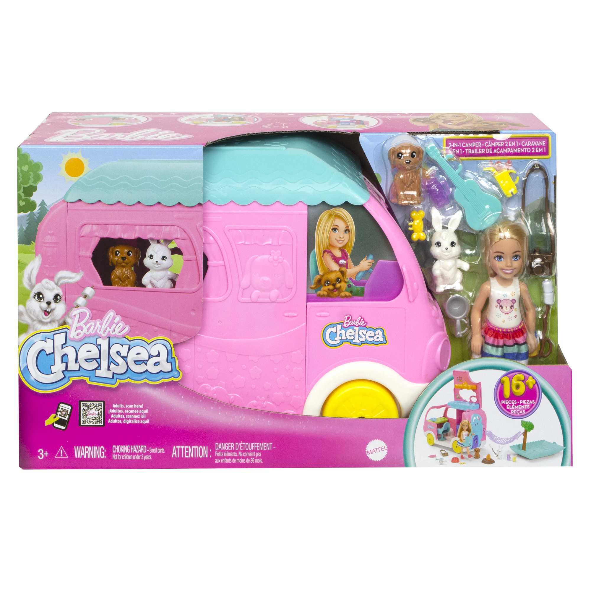 Barbie Chelsea 2-In-1-Camper-Spielset Mit Kleiner Chelsea-Puppe, 2 Haustieren Und 15 Zubehörteilen