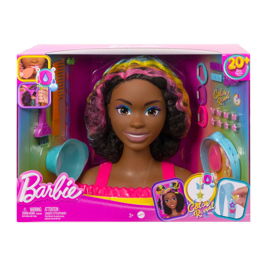 Barbie-Ultra Chevelure-Tête À Coiffer Brune Frisée Mèches Arc-En-Ciel