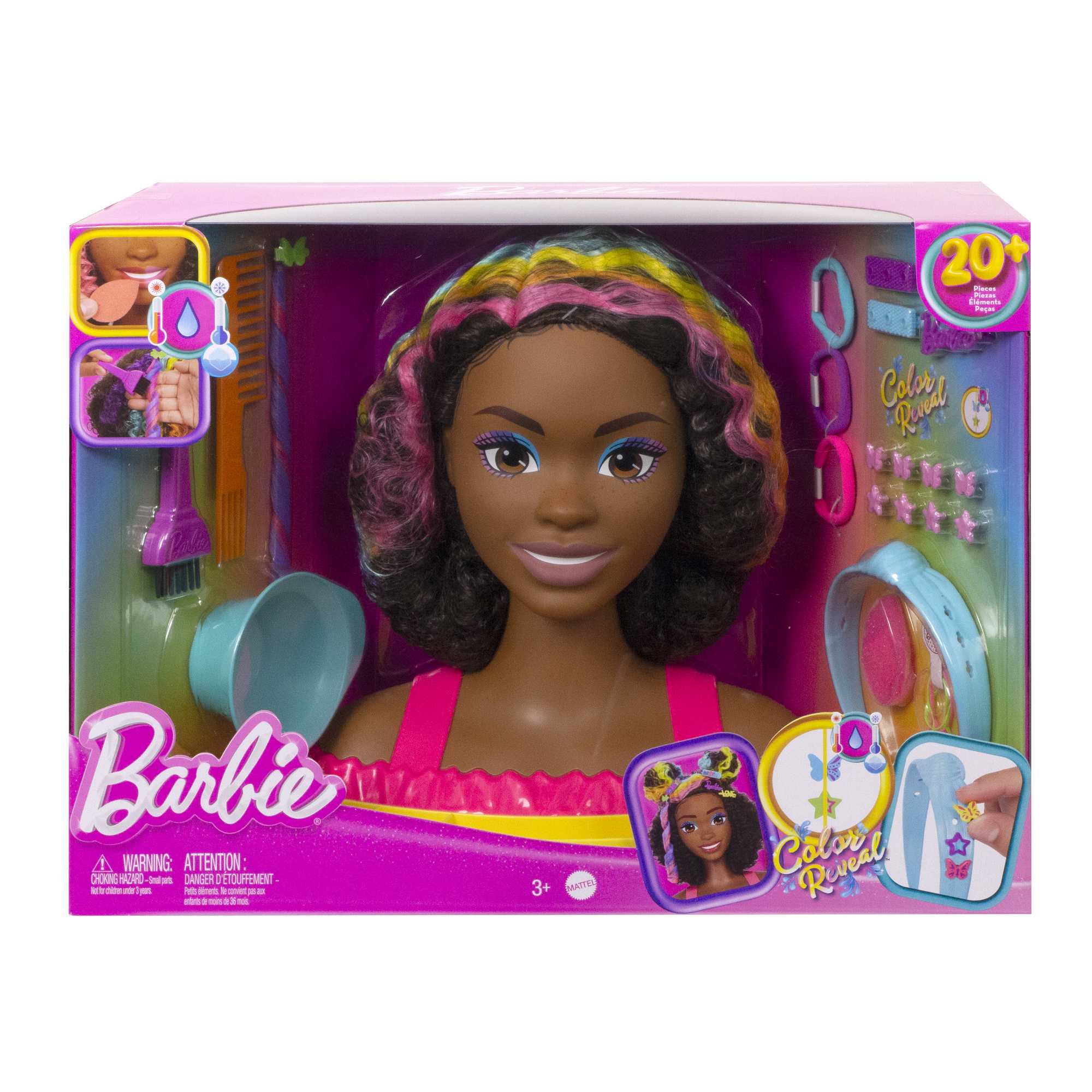 Barbie-Ultra Chevelure-Tête À Coiffer Brune Frisée Mèches Arc-En-Ciel