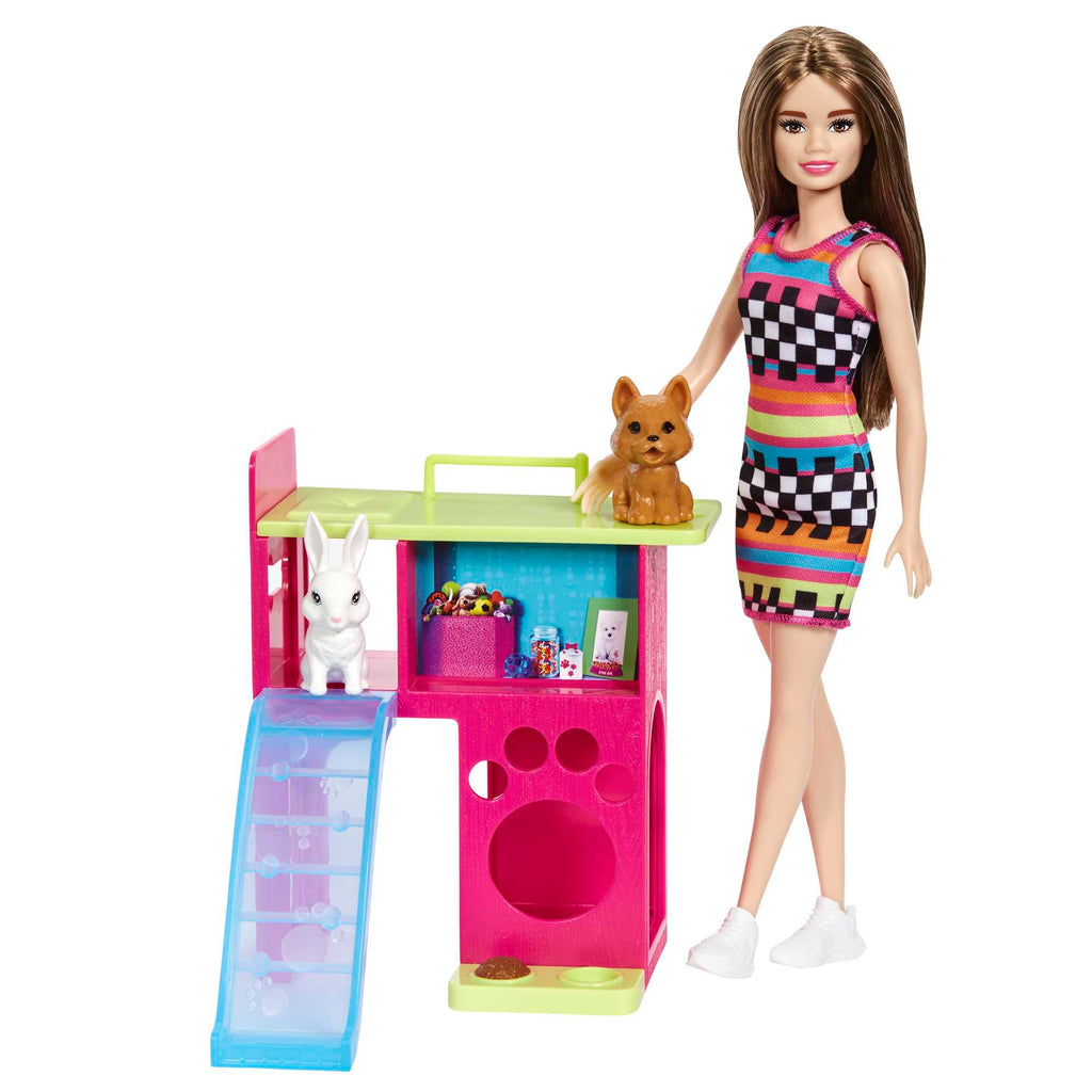 Conjunto De Juego De Barbie Con Muñeca Y Casa De Juegos Para Mascotas Con 2 Animalitos