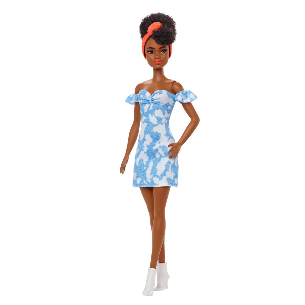 Barbie Fashionistas Puppe Im Schulterfreien Gebleichten Jeanskleid, Schwarze Haare, Bandana, Für Kinder Von 3 Bis 8 Jahren