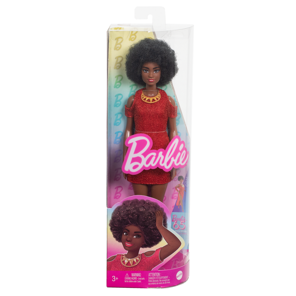 Muñeca N.221 Barbie Fashionistas Con Pelo Negro Al Natural, Un Vestido Rojo Y Accesorios, 65. Aniversario