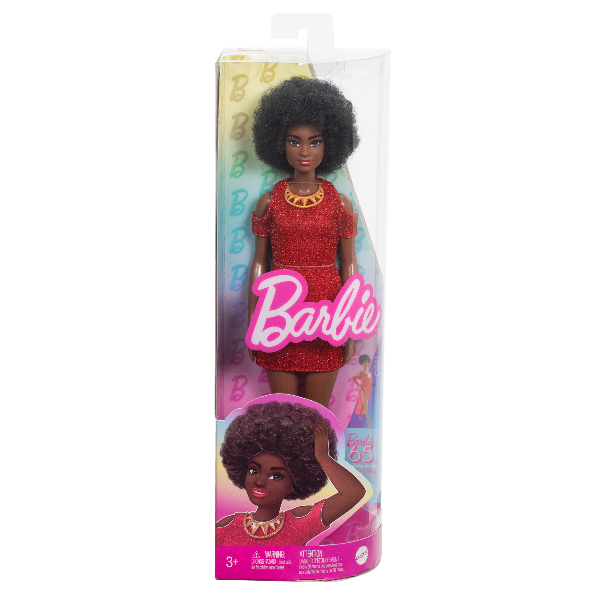 Muñeca N.221 Barbie Fashionistas Con Pelo Negro Al Natural, Un Vestido Rojo Y Accesorios, 65. Aniversario