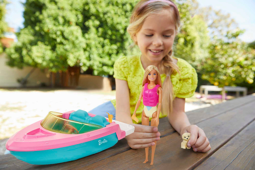 Barbie Boat With Puppy Figurine And Toy Accessories