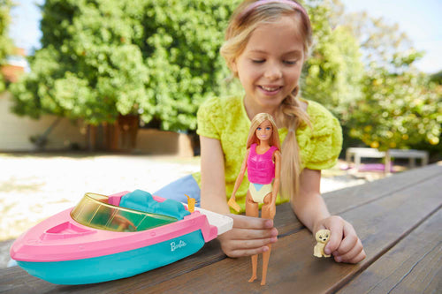 Barbie Boat With Puppy Figurine And Toy Accessories