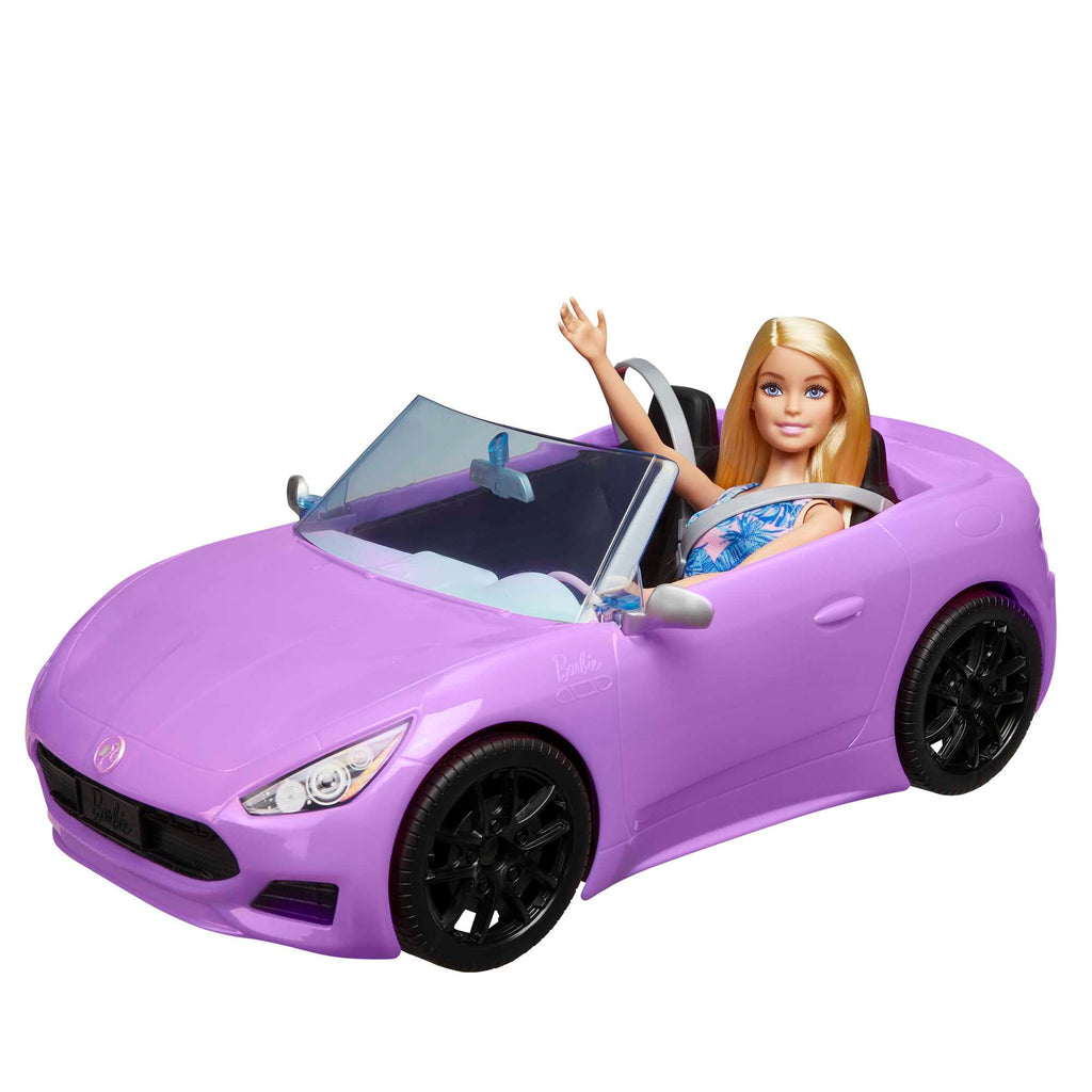 Barbie con descapotable Muñeca rubia con coche de juguete morado para muñecas