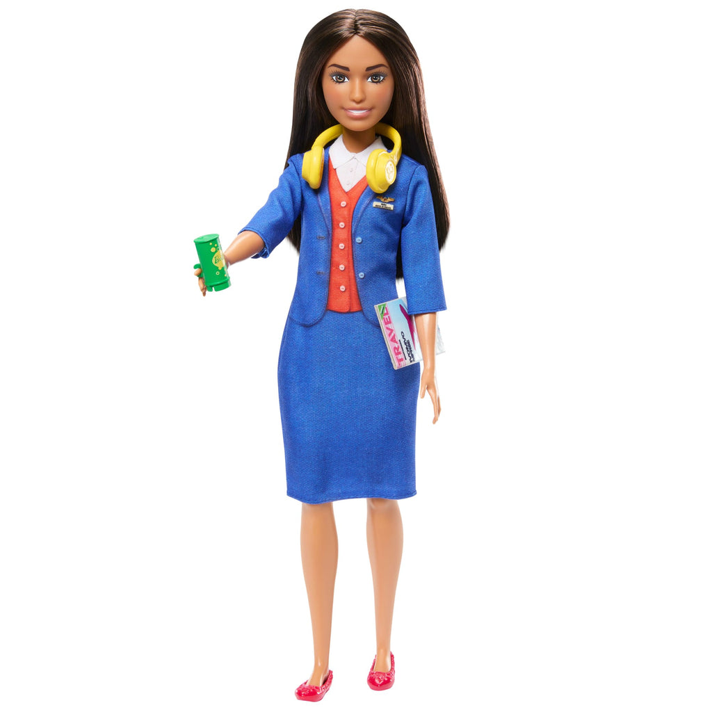 Muñeca De Moda Barbie Azafata Con Uniforme Azul, Incluye Accesorios De Maleta, Auriculares Y Pasaporte