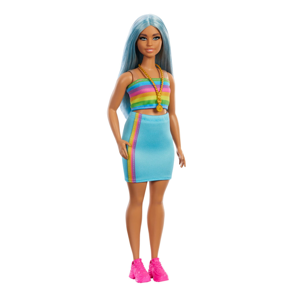 Barbie Fashionistas Puppe Nr. 218 Mit Blauen Haaren, Regenbogenoberteil Und Türkisfarbenem Rock, 65. Jubiläum