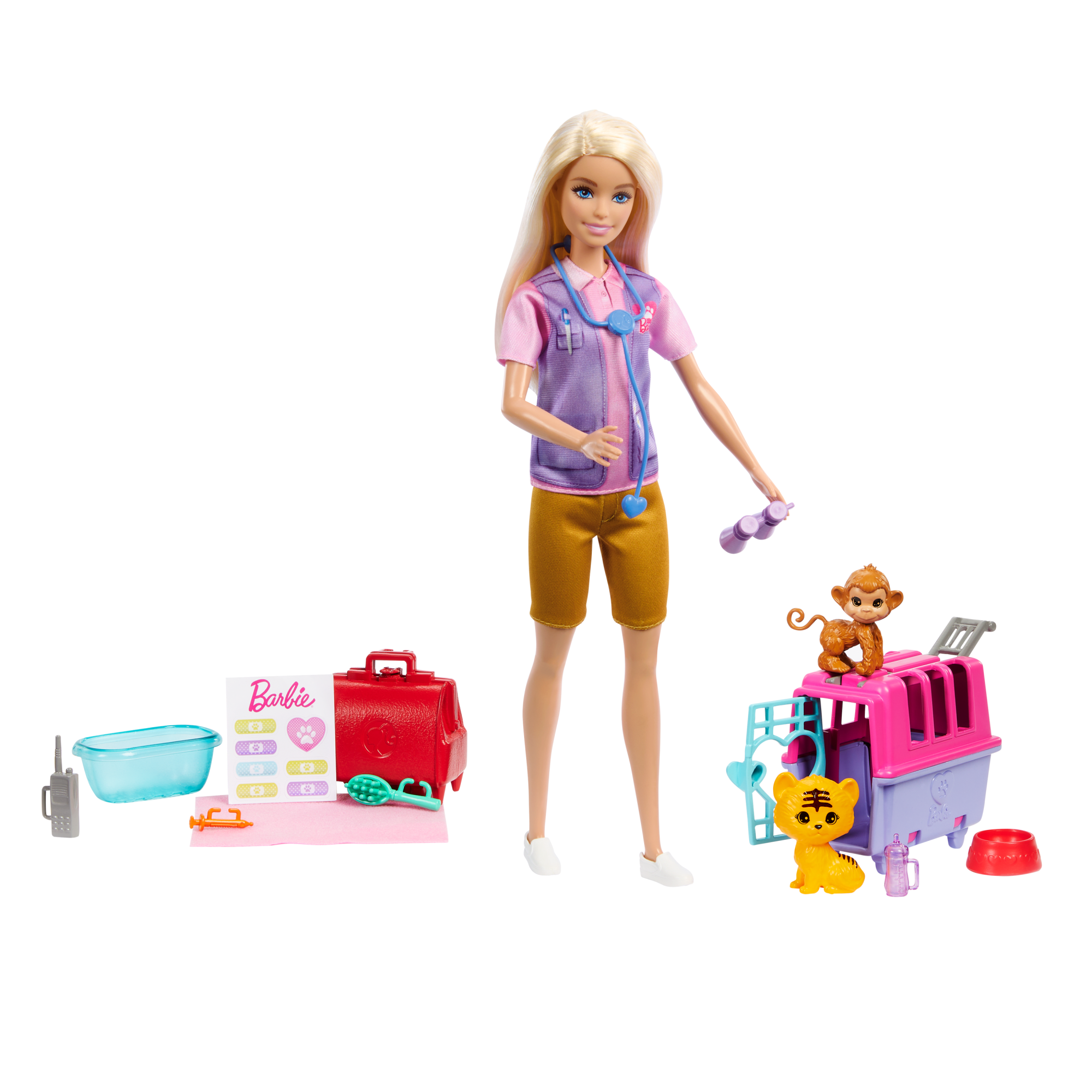Conjunto De Juego Rescate Y Cuidado De Animales De Barbie Con Muñeca Rubia, DOS Figuras De Animales Y Accesorios
