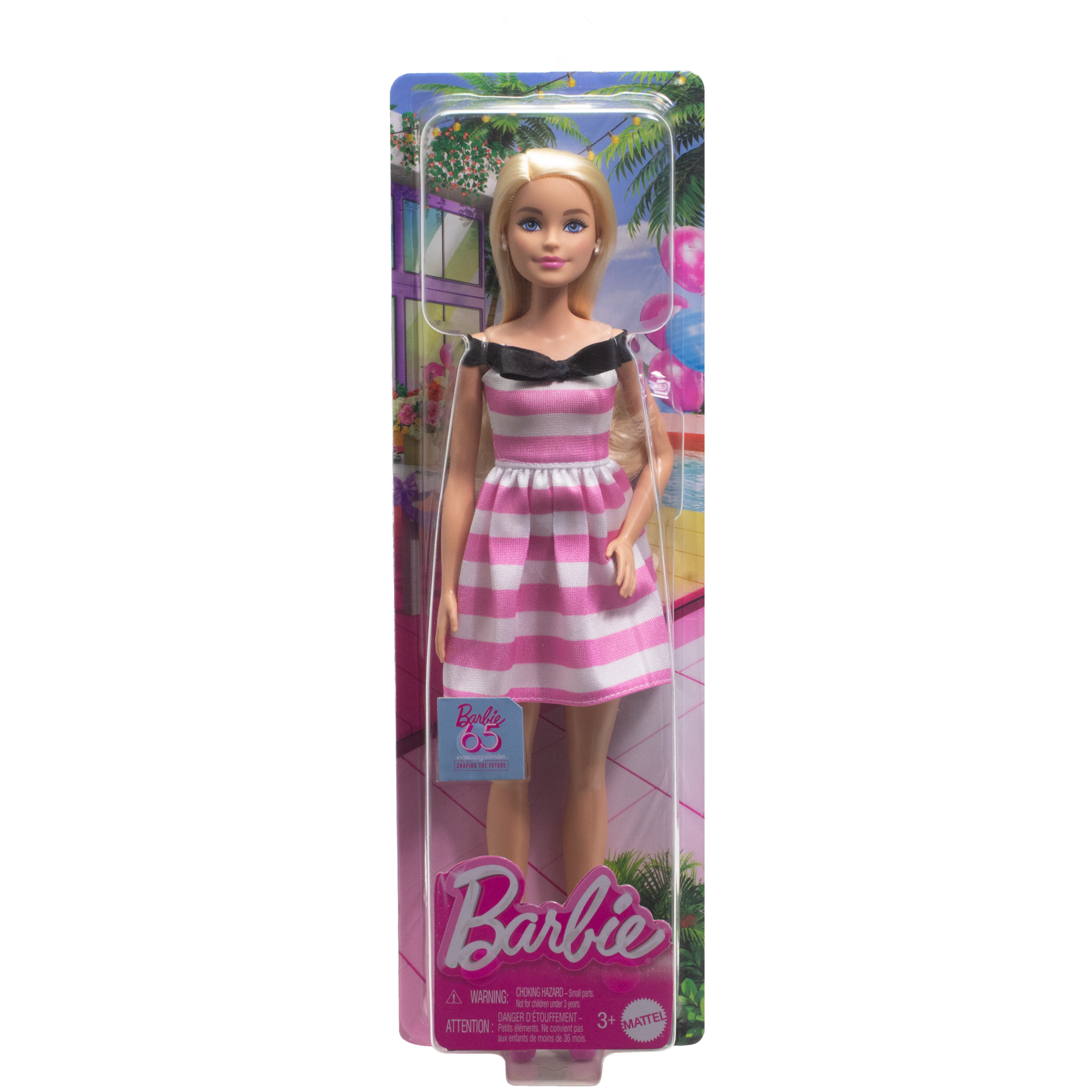 Barbie-Modepuppe Mit Blonden Haaren Zum Feier Des 65-Jährigen Jubiläums, Pink Gestreiftes Kleid Und Accessoires