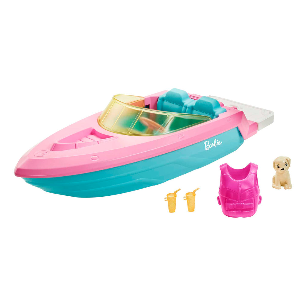 Barbie Boat With Puppy Figurine And Toy Accessories