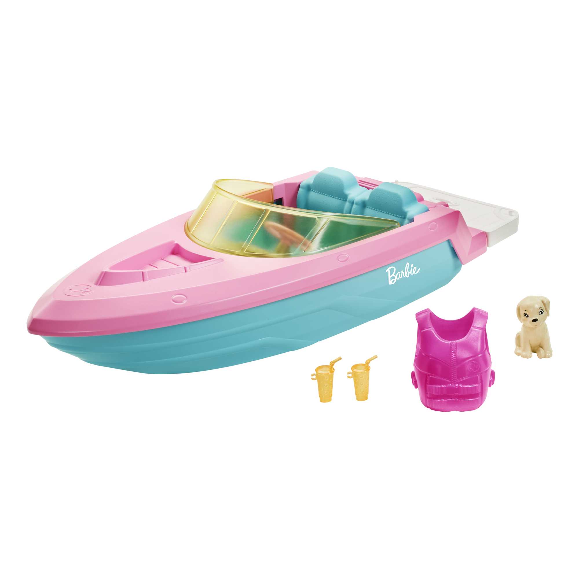 Barbie Boat With Puppy Figurine And Toy Accessories