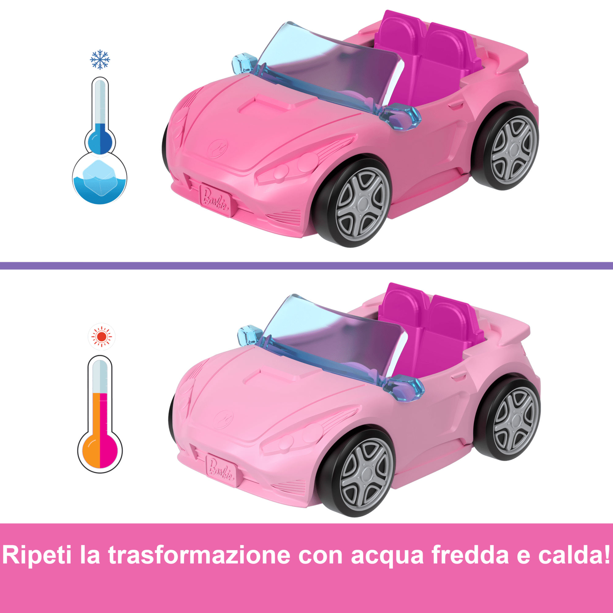 Barbie Mini Barbieland, Set Con Veicolo E Bambola Da 3,8 Cm, Decappottabile Con Effetto Cambia Colore
