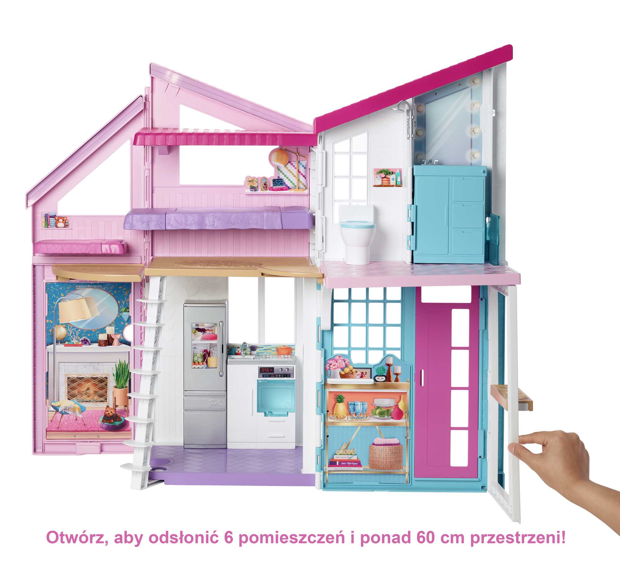 Barbie Domek Barbie Malibu: 2 poziomy, 6 pomieszczeń, funkcje transformacji oraz ponad 25 akcesoriów