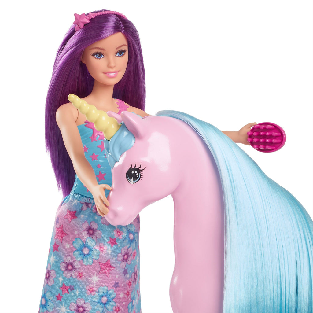 Conjunto De Muñeca Barbie Y Unicornio De Fantasía Que Incluye Un Silla De Montar, Un Cepillo Y Accesorios