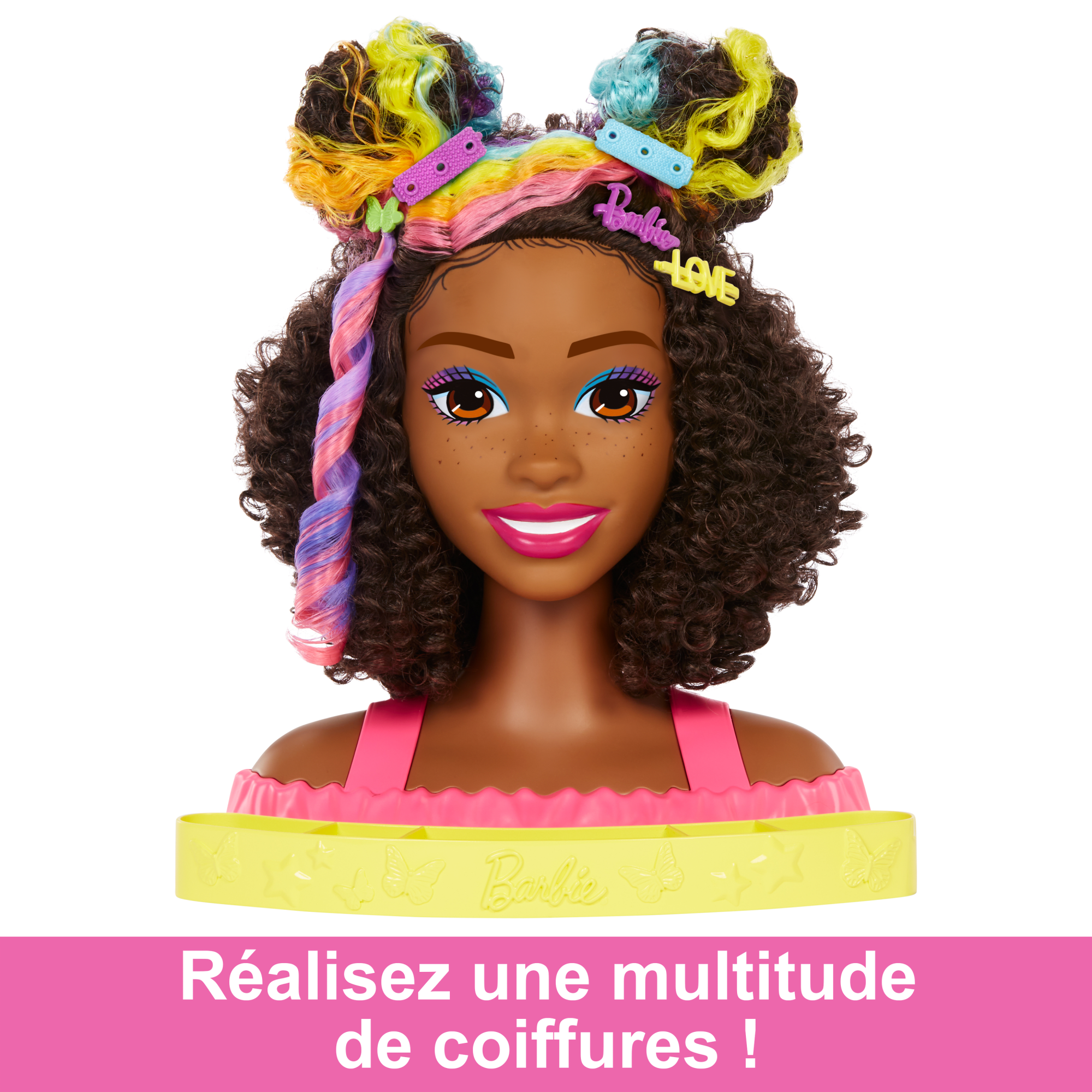 Barbie-Ultra Chevelure-Tête À Coiffer Brune Frisée Mèches Arc-En-Ciel
