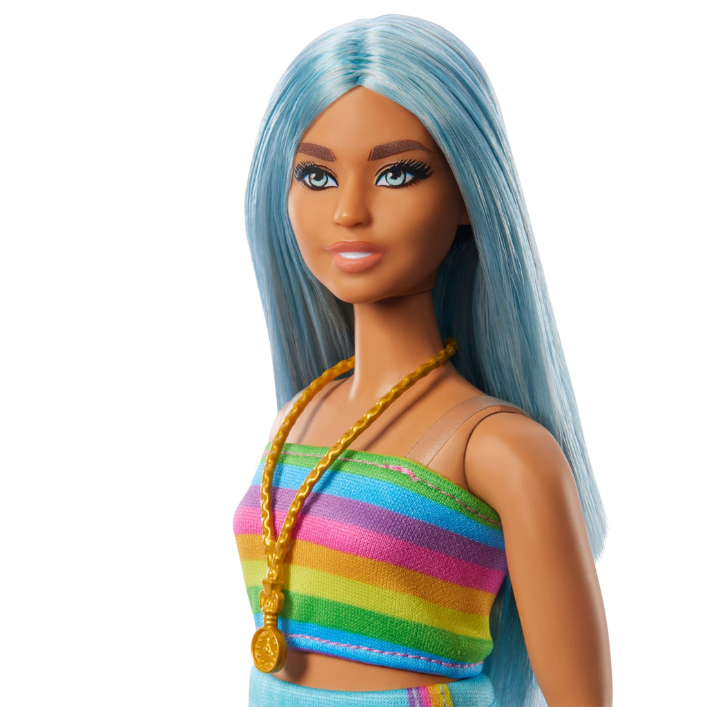 Barbie Fashionistas Puppe Nr. 218 Mit Blauen Haaren, Regenbogenoberteil Und Türkisfarbenem Rock, 65. Jubiläum