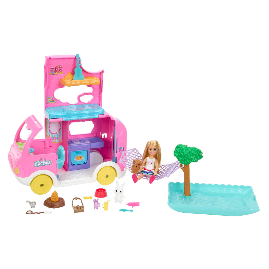Barbie Chelsea 2-In-1-Camper-Spielset Mit Kleiner Chelsea-Puppe, 2 Haustieren Und 15 Zubehörteilen