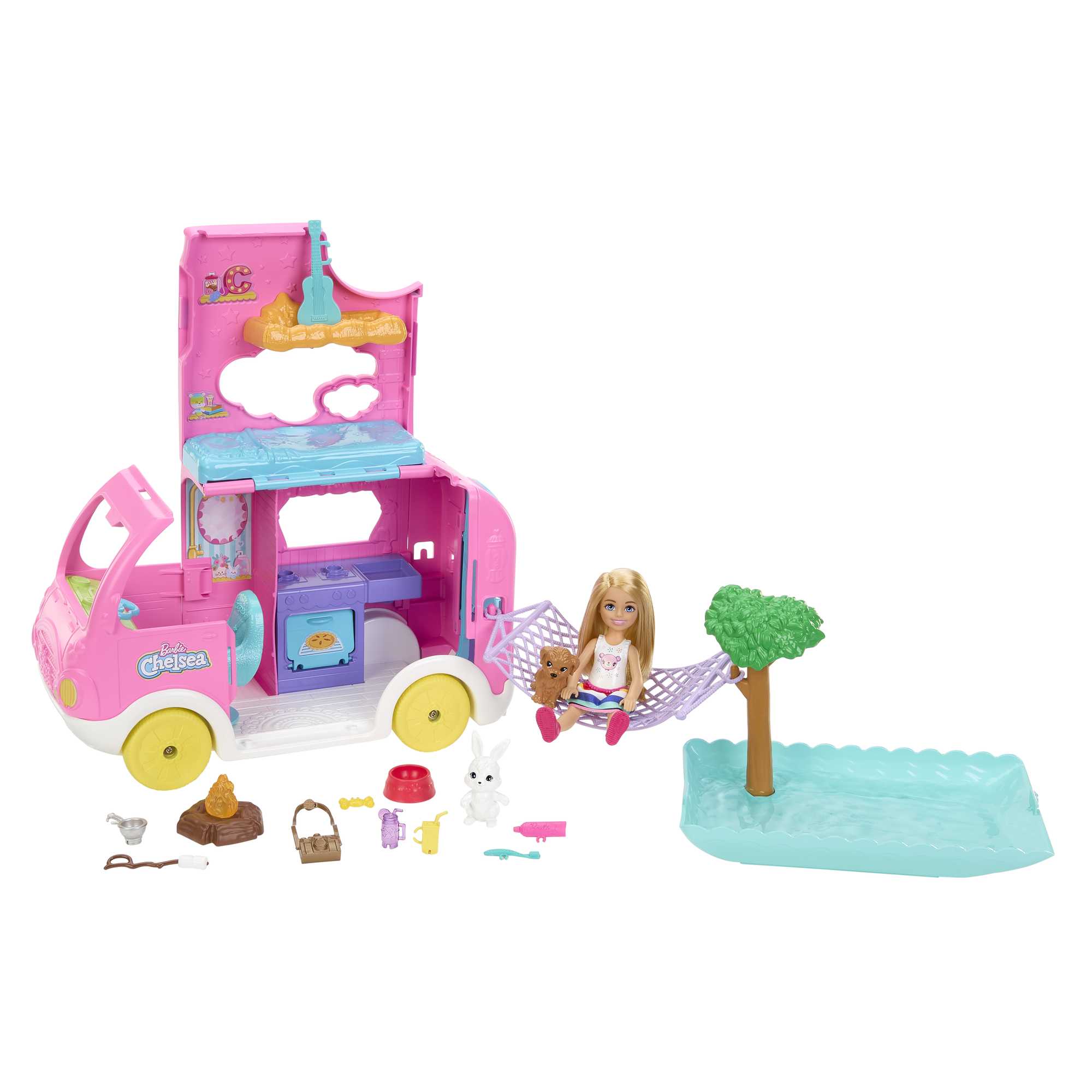 Barbie Chelsea 2-In-1-Camper-Spielset Mit Kleiner Chelsea-Puppe, 2 Haustieren Und 15 Zubehörteilen