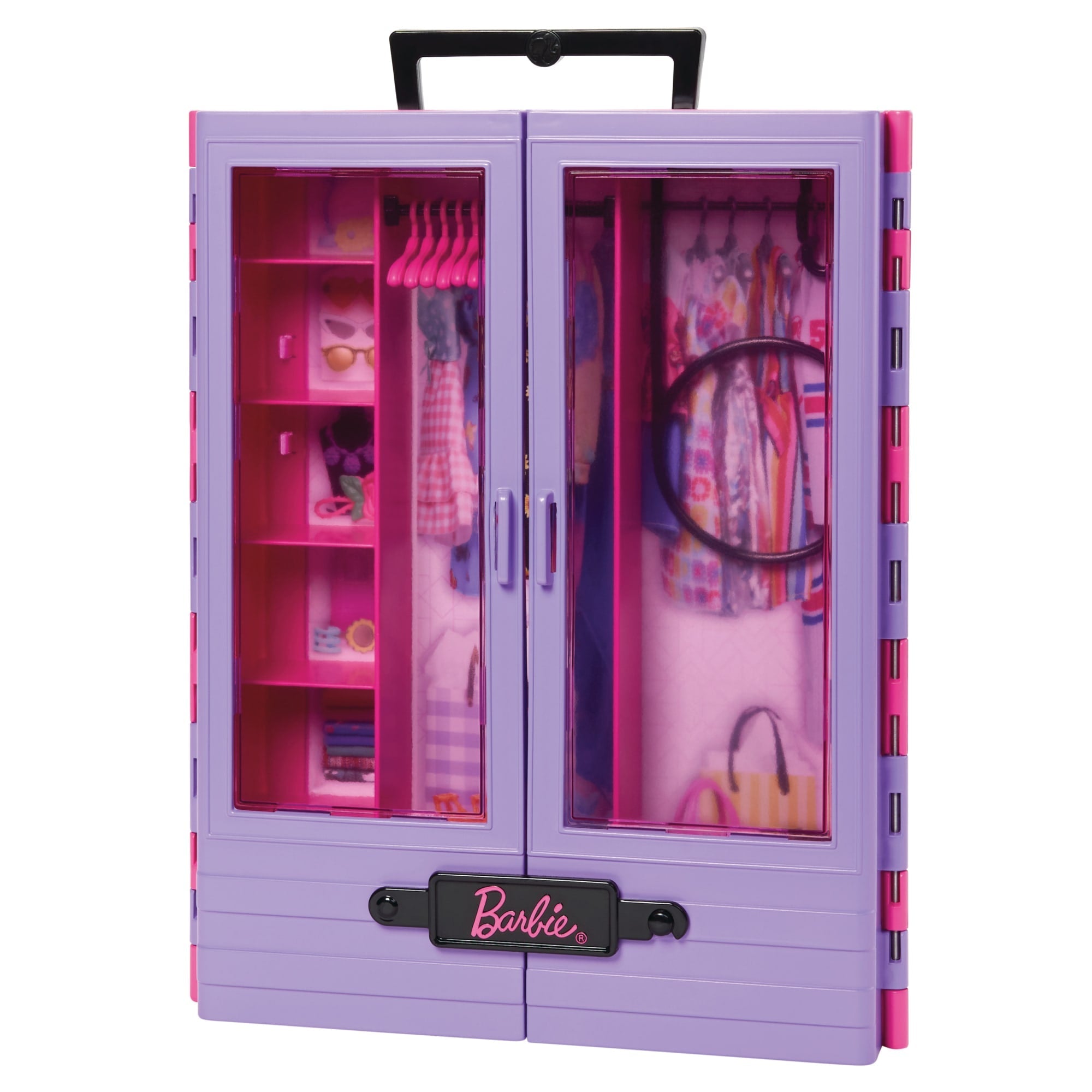 Barbie Kleiderschrank Mit Tragegriff (Lila/Rosa) Ausklappbar Mit Zubehör