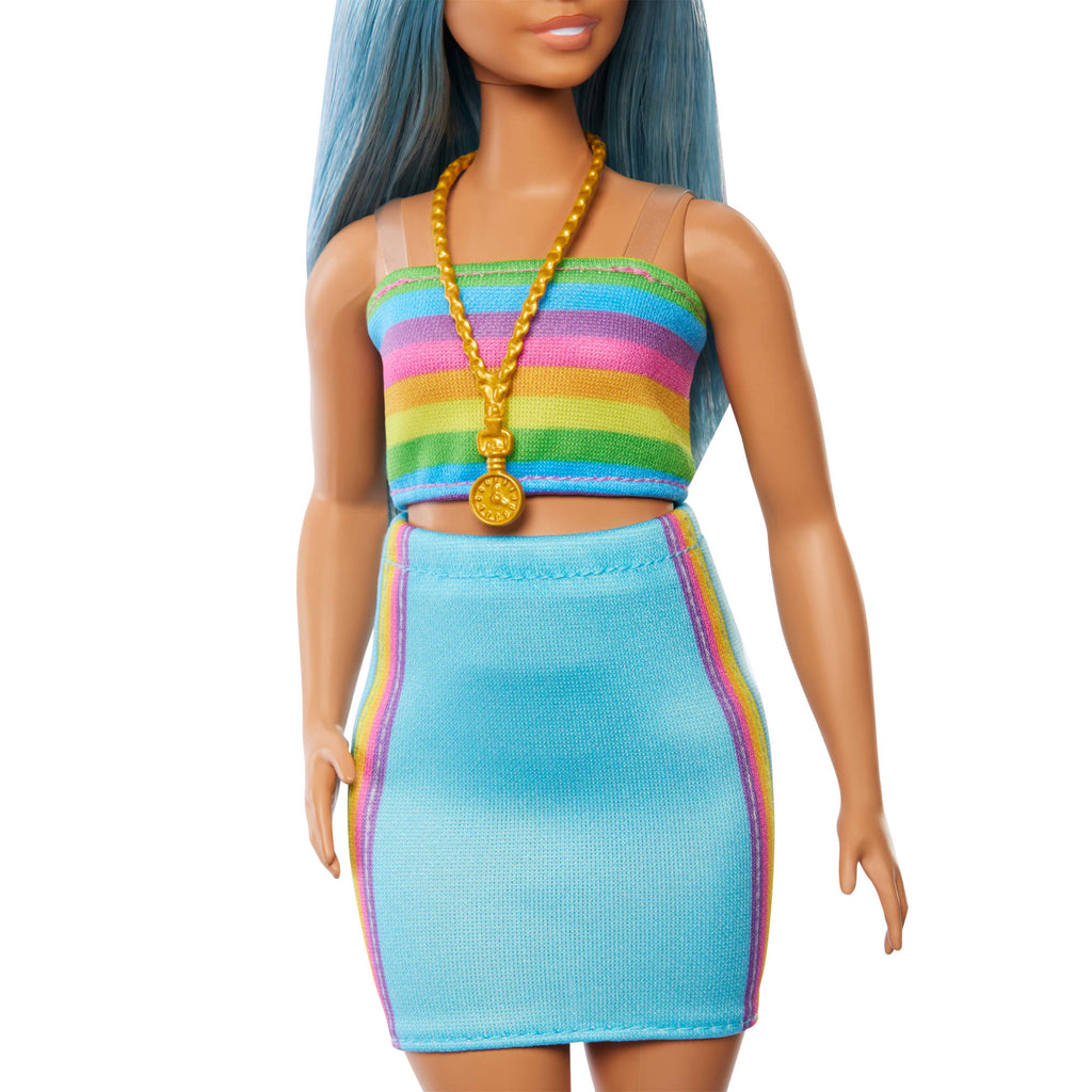 Barbie Fashionistas Puppe Nr. 218 Mit Blauen Haaren, Regenbogenoberteil Und Türkisfarbenem Rock, 65. Jubiläum