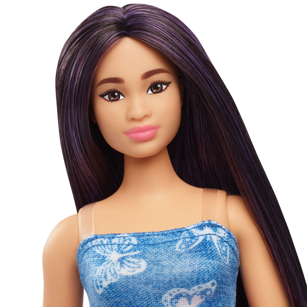 Barbie Fashionistas-Puppe Nr. 231 in Denim-Schmetterlingskleid Mit Rosa Gürtel, Violettes Haar