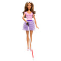 Barbie Fashionistas #228 Lalka modowa Niewidoma Barbie z laską, w fioletowej spódniczce i z okularami przeciwsłonecznymi