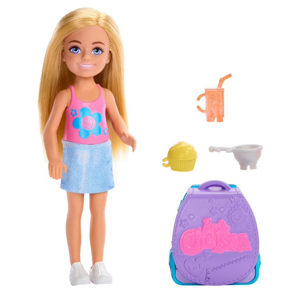 Muñeca Chelsea De Familia Y Amigos De Barbie Con Mochila Para Preparar Magdalenas, Accesorios Y Mochila Con Pieza De Juego De Magdalena