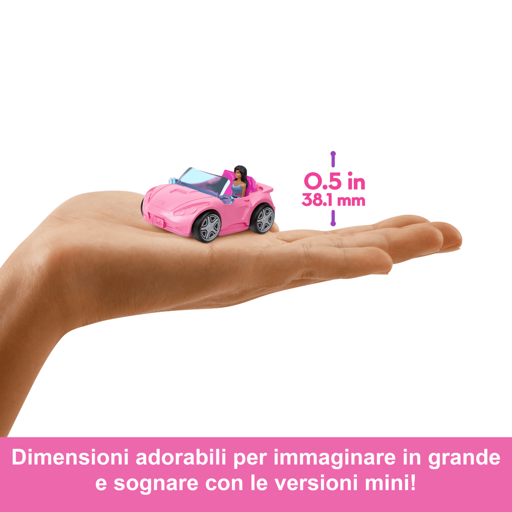 Barbie Mini Barbieland, Set Con Veicolo E Bambola Da 3,8 Cm, Decappottabile Con Effetto Cambia Colore