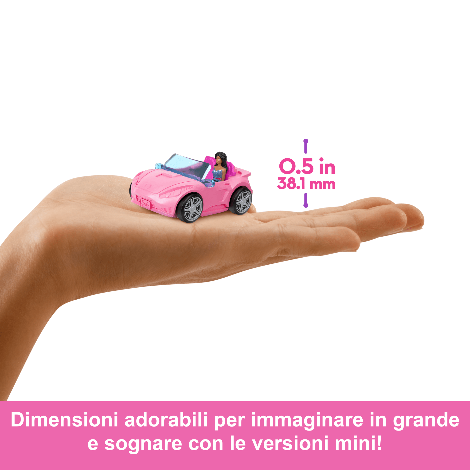 Barbie Mini Barbieland, Set Con Veicolo E Bambola Da 3,8 Cm, Decappottabile Con Effetto Cambia Colore