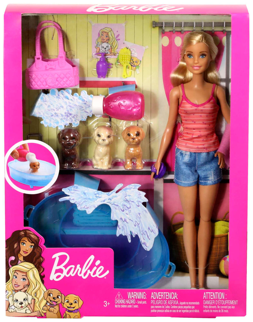 Barbie Doll, Blonde, And Playset With 3 Puppies, Bathtub And Accessories