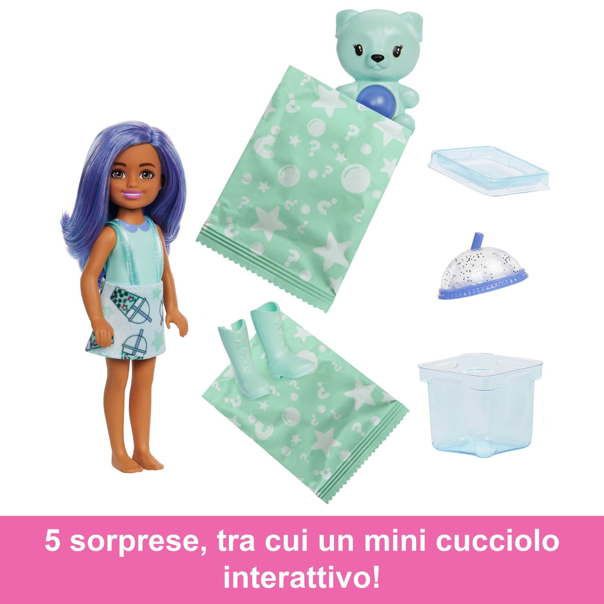 Barbie Chelsea Pop Reveal Serie Bubble Tea, Bambola in Una Confezione Ispirata Alle Scatole Da Tè Con 5 Sorprese, Profumata (I Modelli Possono Variare)