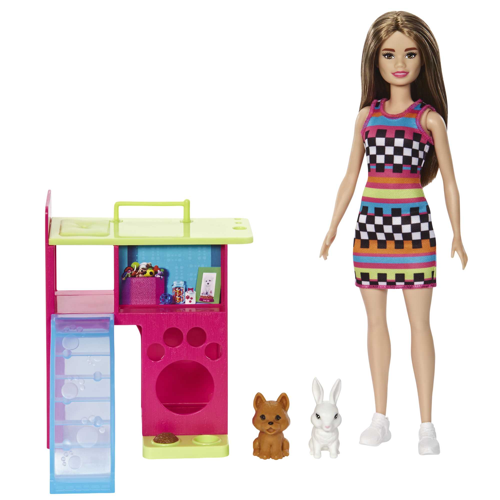 Conjunto De Juego De Barbie Con Muñeca Y Casa De Juegos Para Mascotas Con 2 Animalitos