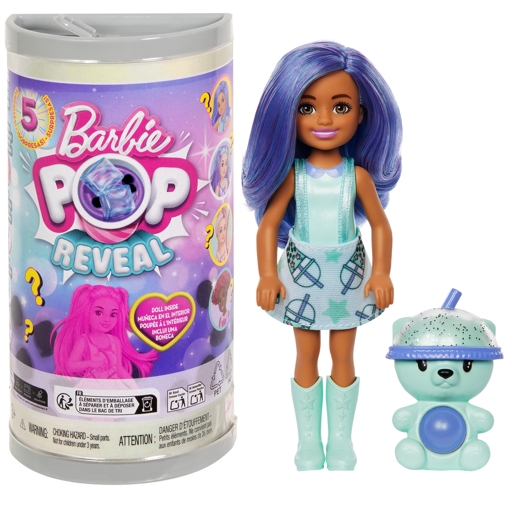 Barbie Chelsea Pop Reveal Serie Bubble Tea, Bambola in Una Confezione Ispirata Alle Scatole Da Tè Con 5 Sorprese, Profumata (I Modelli Possono Variare)