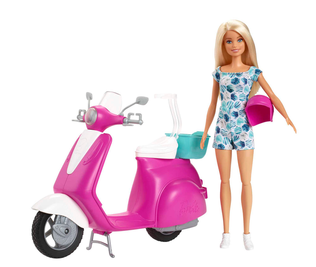 Barbie Doll, Blonde, and Pink and White Scooter with Kickstand and Teal Basket