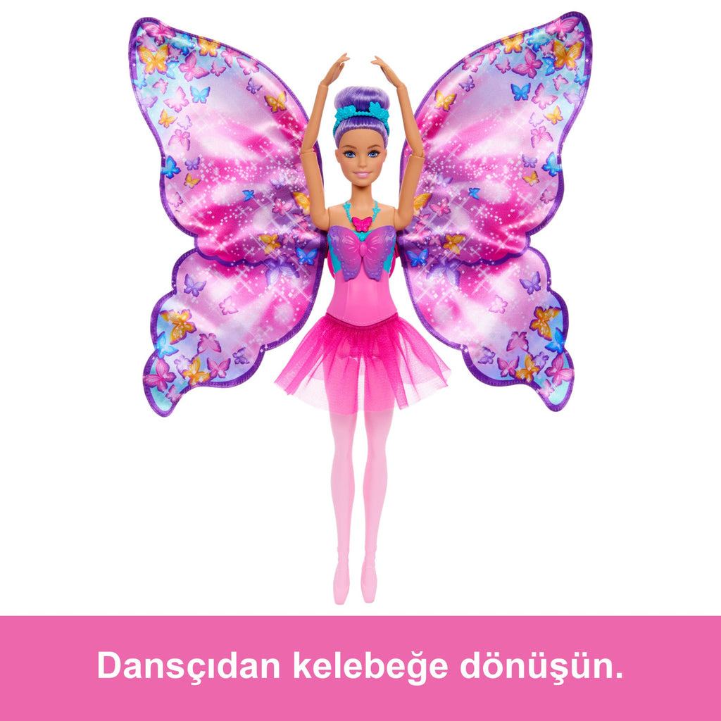 Dansçıdan Kelebeğe Dönüşebilen 2'Si 1 Arada Mor Saçlı Barbie Kelebek Dansçı Bebek