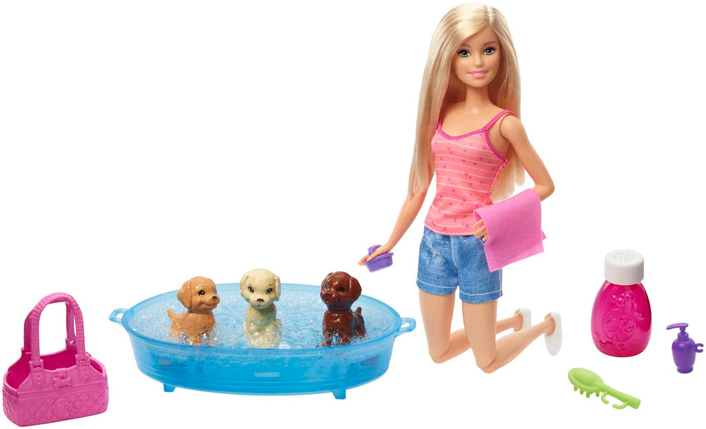 Barbie Doll, Blonde, And Playset With 3 Puppies, Bathtub And Accessories