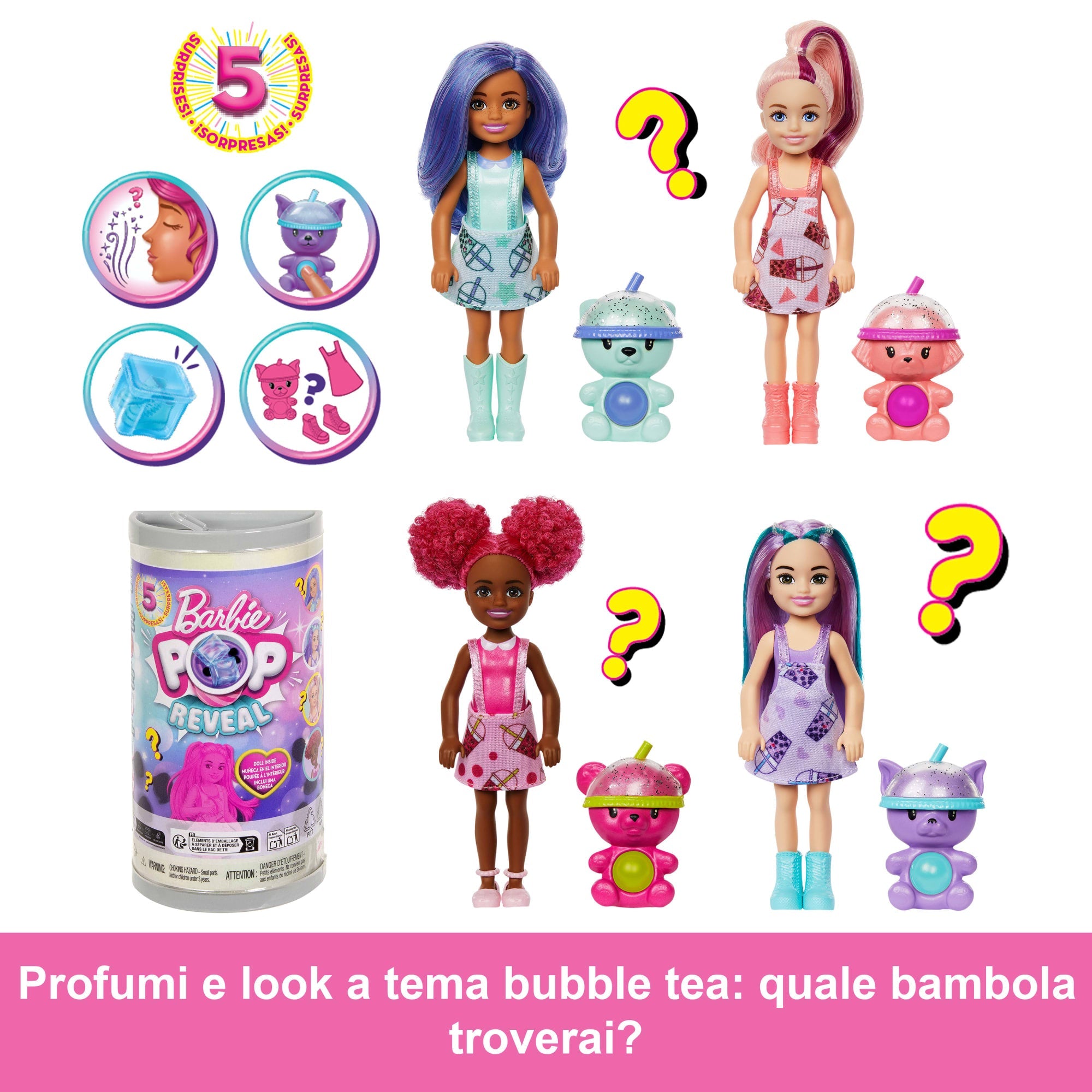 Barbie Chelsea Pop Reveal Serie Bubble Tea, Bambola in Una Confezione Ispirata Alle Scatole Da Tè Con 5 Sorprese, Profumata (I Modelli Possono Variare)
