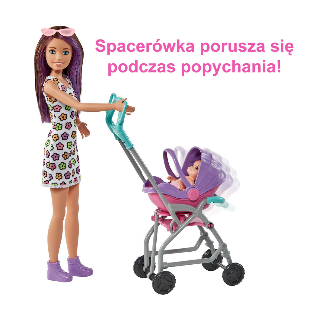 Barbie Skipper Klub Opiekunek Spacerówka Zestaw i 2 lalki, dla dzieci od 3 roku życia
