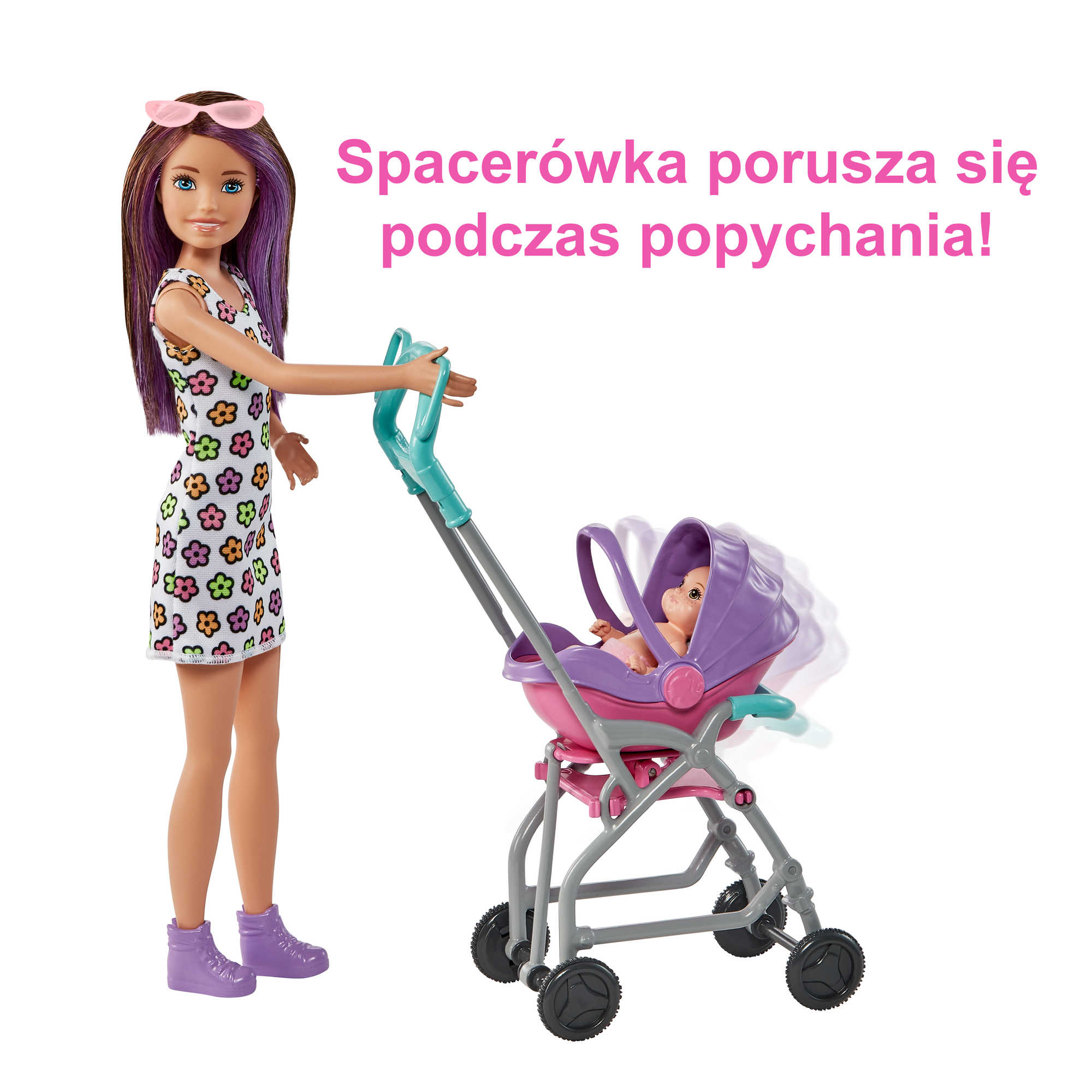 Barbie Skipper Klub Opiekunek Spacerówka Zestaw i 2 lalki, dla dzieci od 3 roku życia