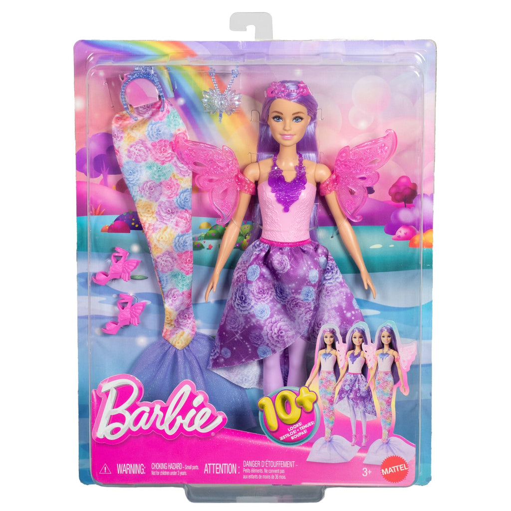 Pack Moda Fantasía De Barbie Con Muñeca Y Accesorios Como Cola De Sirena, Alas De Hada Y Collares