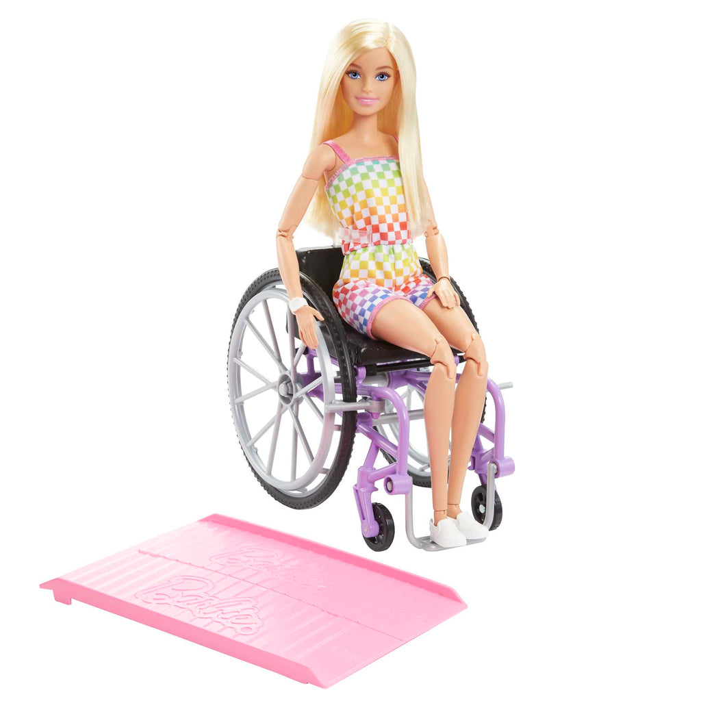 Barbie Fashonistas Lalka blondynka na wózku Strój w kratkę